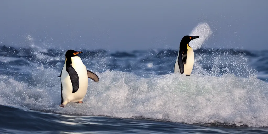 Image similar to penguin surfing a wave at the sunrise