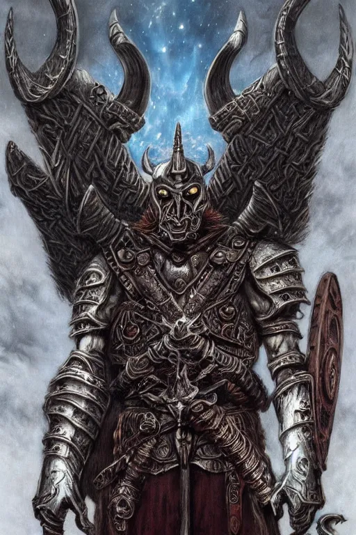 Prompt: full body concept art of viking man wear baphomet armor made with porcelain by Jeff Easley and Peter Elson + beautiful eyes, beautiful face + symmetry face + galaxy + gothic, surreal, dread + highly detailed, intricate complexity, epic composition, magical atmosphere + masterpiece, award winning + trending on artstation