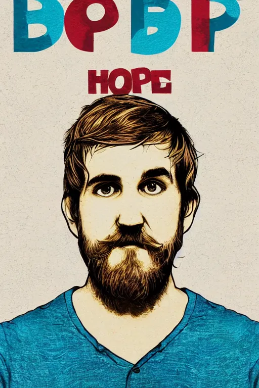 Image similar to inspirational style hope poster of bo burnham with beard by steven belledin, psychedelic colors, highly detailed, realistic, loving