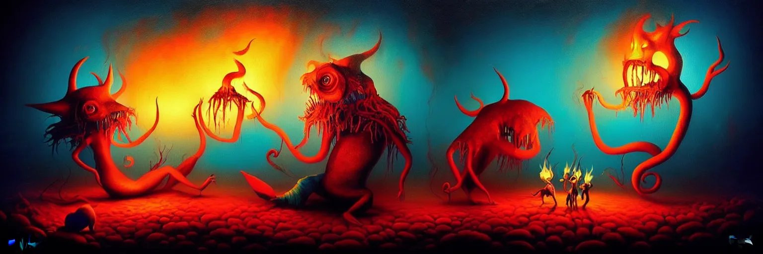 Image similar to whimsical creature freaks from the depths of the collective unconsciouis, dramatic lighting from fire glow, surreal darkly colorful painting by ronny khalil