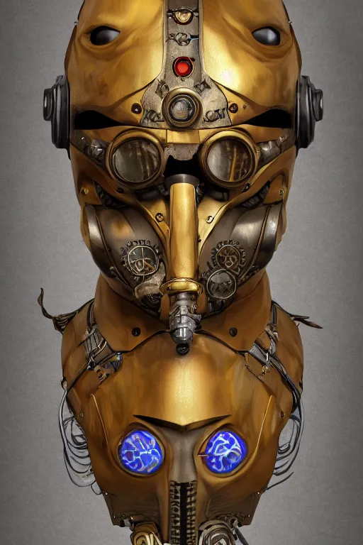 Image similar to steampunk mask minimalist fantasy art robot ninja helmet, global illumination ray tracing hdr fanart arstation by sung choi and eric pfeiffer and gabriel garza and casper konefal chaykin howard and campionpascale and cooke darwyn and davis jack