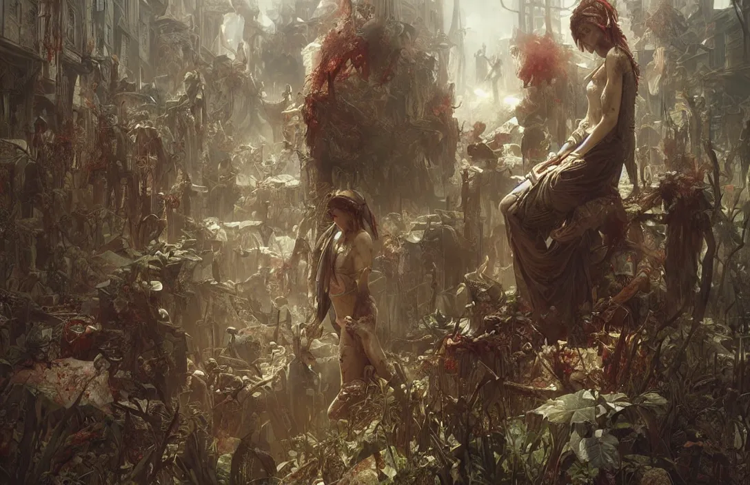 Prompt: painting of zombie apocalypse, ultra realistic, concept art, intricate details, eerie, highly detailed, photorealistic, octane render, 8 k, unreal engine. art by artgerm and greg rutkowski and alphonse mucha