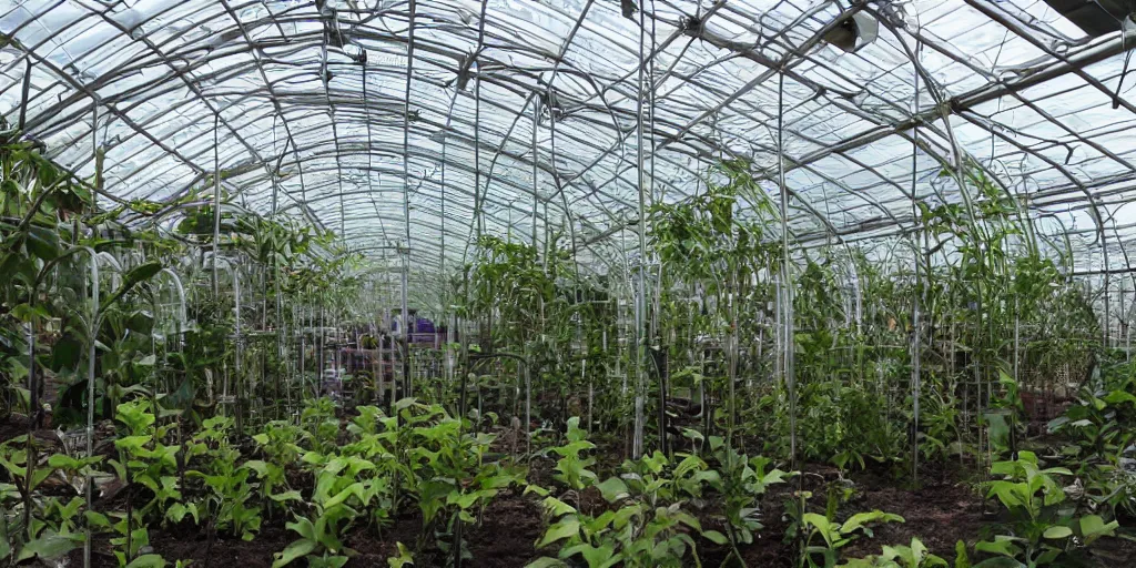 Prompt: interior of experimental greenhouse, cyberpunk.