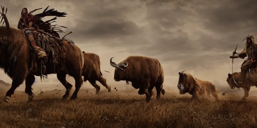 Prompt: wood punk, motorized indians attacking bisons, action scene, an epic western, dramatic lighting, cinematic, establishing shot, extremely high detail, photorealistic, cinematic lighting, artstation, octane render, old photo, buffalo hunt movie, alpha movie, western, ultra sharp, clean symmetrical faces, high detail, intricate,hypermaximalist,hyper realism