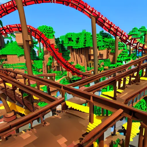 Prompt: digital concept art of donkey kong country theme park with a minecart roller coaster