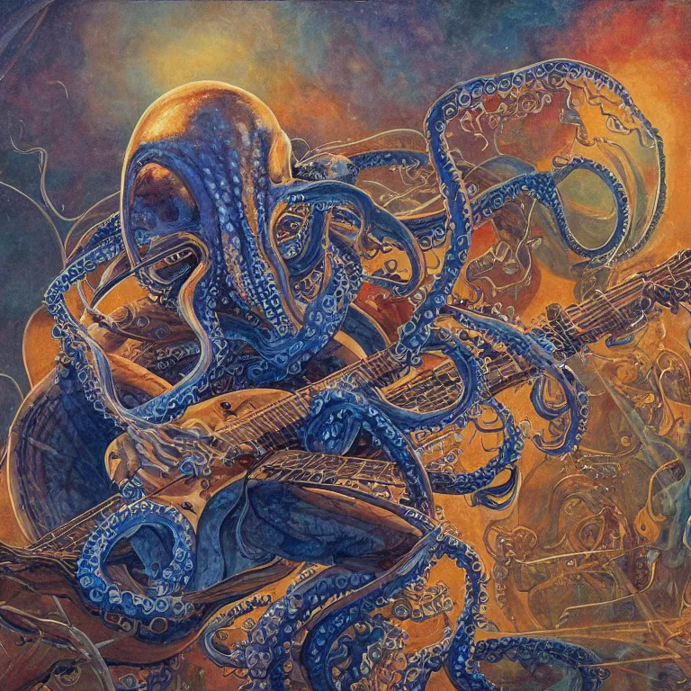 Prompt: a beautiful vinyl cover by donato giancola of an octopus playing drums and telecaster guitar in an electronic concert, dark background, concert light, dark mood, cold blue lights