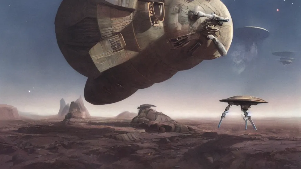 Image similar to small organic dropship lander by john schoenherr and jim burns, epic cinematic matte painting