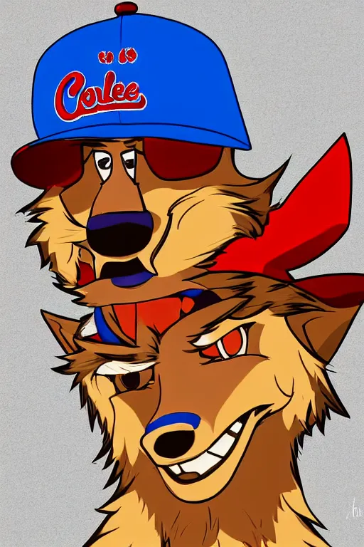 Prompt: a portrait of a stoner anthropomorphic male coyote wearing a red baseball cap and blue t - shirt, furry art, photo, hd, cinematic