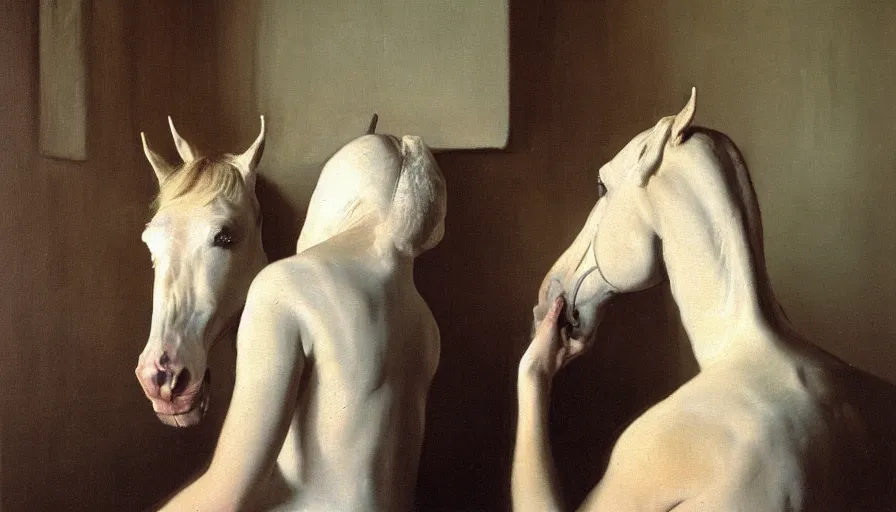 Image similar to painting by borremans, horse in front of the mirror, detailed, stunning