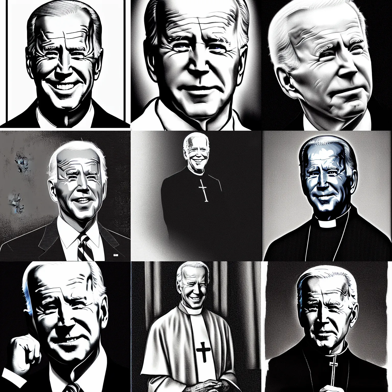 Prompt: pen and ink portrait of a joe biden as a catholic priest, impressive scene. grainy and rough. black and white colour scheme. beautiful artistic detailed digital art