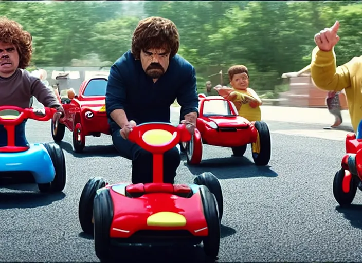 Image similar to peter dinklage racing gary coleman driving a little tikes cars, movie still, from the new fast and furious movie, 8 k, realistic