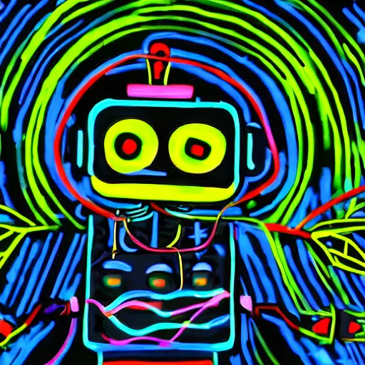 Image similar to A hd paint of a robot Dj playing his mixer in a rave with a lot of dragonflies around him. Epic art, masterpiece, neon dragonfly, lights