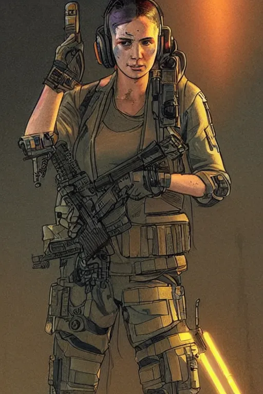 Image similar to Sonya. Confident blackops mercenary in tactical gear and cyberpunk headset. Blade Runner 2049. concept art by James Gurney and Mœbius.