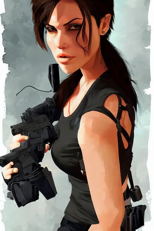 Image similar to lara croft portrait artwork by ilya kuvshinov wears multiple hats, too many hats, hat on a hat on a hat