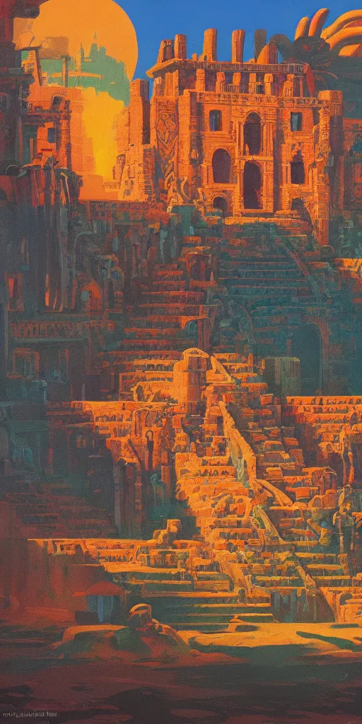 Image similar to palace of the aztec queen!!! a highly detailed cinematic oil painting by roger dean and alena aenami, dynamic lighting