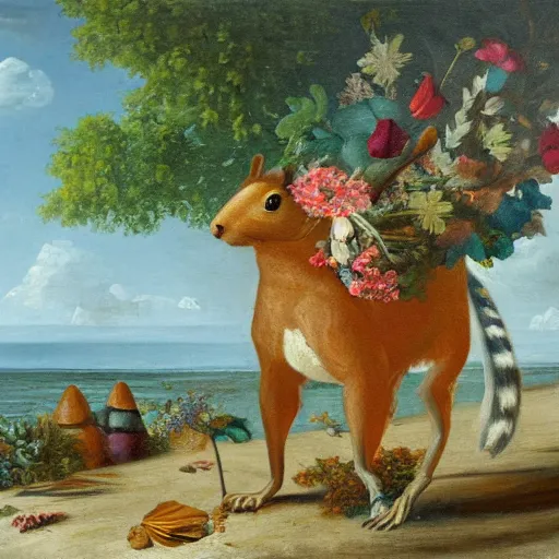 Prompt: a giant squirrel carrying napoleon on its back, beach scene with flowers and foliage, detailed oil painting