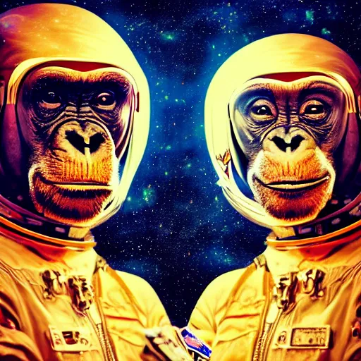 Image similar to double exposure portrait of astronaut and a chimpanzee astronaut with space and time in the the background by davinci, circles, psychedelic, pencil art, high definition, dynamic lighting stars, sharpness, golden ratio