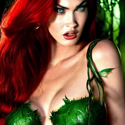 Image similar to stunning awe inspiring megan fox as poison ivy, movie still 8 k hdr atmospheric lighting