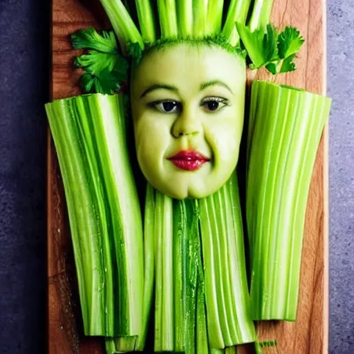 Image similar to selena gomez made out of celery, a human face with celery for hair, celery in the shape of a human face, a bunch of celery sitting on a cutting board, professional food photography