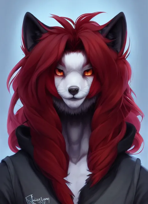 Image similar to character concept art of a black anthropomorphic furry male wolf long red hair | | cute - fine - face, pretty face, key visual, realistic shaded perfect face, fine details by stanley artgerm lau, wlop, rossdraws, james jean, andrei riabovitchev, marc simonetti, and sakimichan, trending on artstation