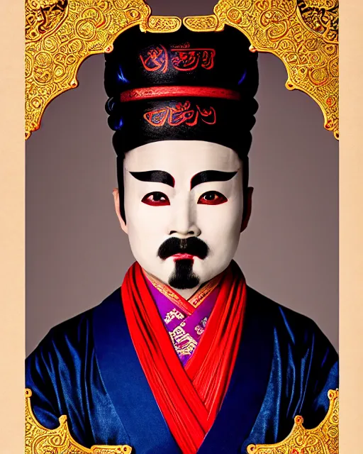 Image similar to photo of a Dramatic Peking Opera male character with hindi Sanskrit devanagari words painted on face in the style of stefan kostic, realistic, sharp focus, symmetric, 8k high definition, insanely detailed, intricate, elegant, art by stanley lau and artgerm, hindi manuscript, hindi font, William-Adolphe Bouguereau