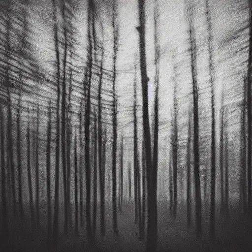 Prompt: small black cabin in the wood, pinhole analogue photo quality, monochrome, blur, unfocus, cinematic, 35mm