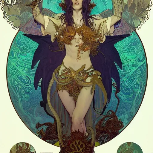 Prompt: beautiful baphomet king, left hand up, right hand down, ad above so below, with wings and tentacles worshiping, artstation by alphonso mucha and jean giraud and craig mullins and ian mccaig and feng zhu and peter mohrbacher