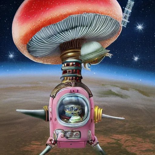 Image similar to On the morning of the robot queen's coronation, The Mekanik Doll, an elderly mushroom walking their pet snail, Mount Fuji seen from the International Space Station, the theme of Alice in Wonderland, digital painting, its softness partakes of fluidity, illustration, deep dark, artstation, intricate, beautiful and thematically complex, ue5, by deiv calviz and bossmonsterbani