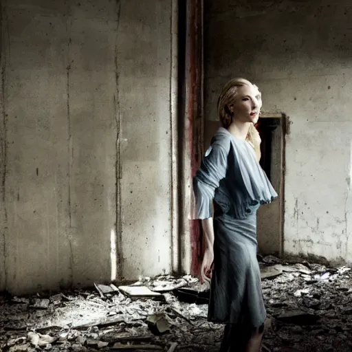 Prompt: photo of cate blanchett in an abandoned building, by Annie leibowitz, photorealisitc ,4k