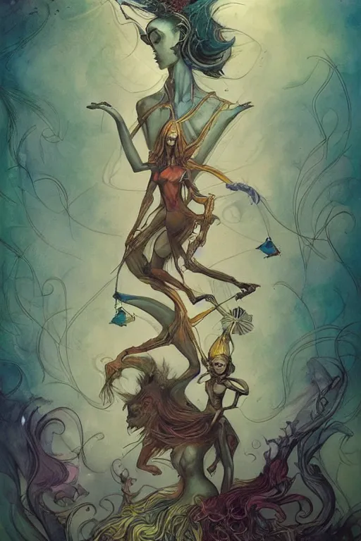 Image similar to an illustrated tarot card of The lovers based on the original rider waite tarot deck, full of colors, insane details, concept art, elegant, by Peter Mohrbacher and brian froud dynamic lighting