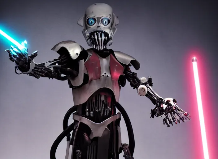 Prompt: portrait photo of general grievous with arms holding a lightsaber in each hand. cyberpunk horror style.
