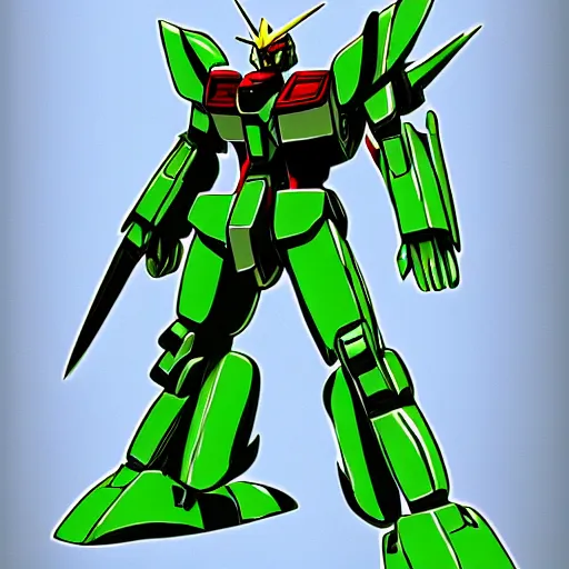 Prompt: blueprint sketch of a gundam with swords, and green colors by Tyler Edlin