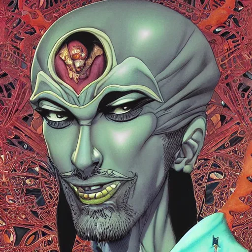 Image similar to portrait closeup of crazy dark jafar from aladdin, symmetrical, by yoichi hatakenaka, masamune shirow, josan gonzales and dan mumford, ayami kojima, takato yamamoto, barclay shaw, karol bak, yukito kishiro