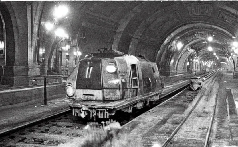 Image similar to old photo from 1 9 6 5. very large giant mutant ugly rat on railways in tonnel of moscow metro. extreme high detail. low light, scary atmosphere