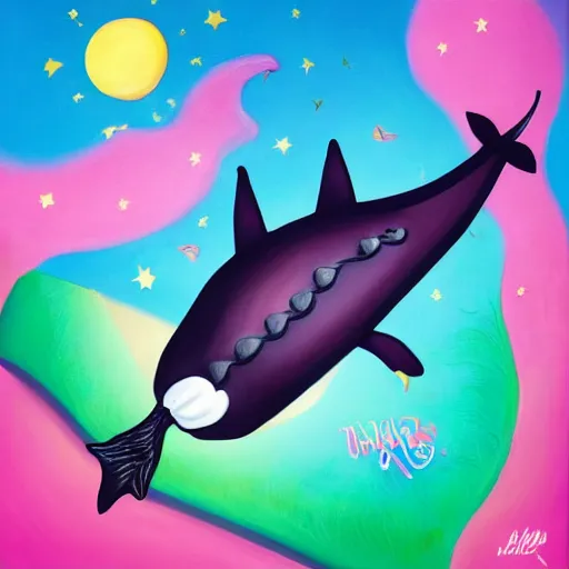 Prompt: a painting of a narwhal with a sandwich impaled on it's horn by lisa frank, trending on artstation, 8 k, unreal engine