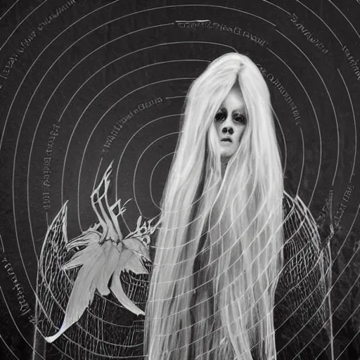 Prompt: ultrarealistic horrific, beautiful banshee with brightly shining wings and long white hair imprisoned in a very dark nearly lightless, sombre, horrific forest