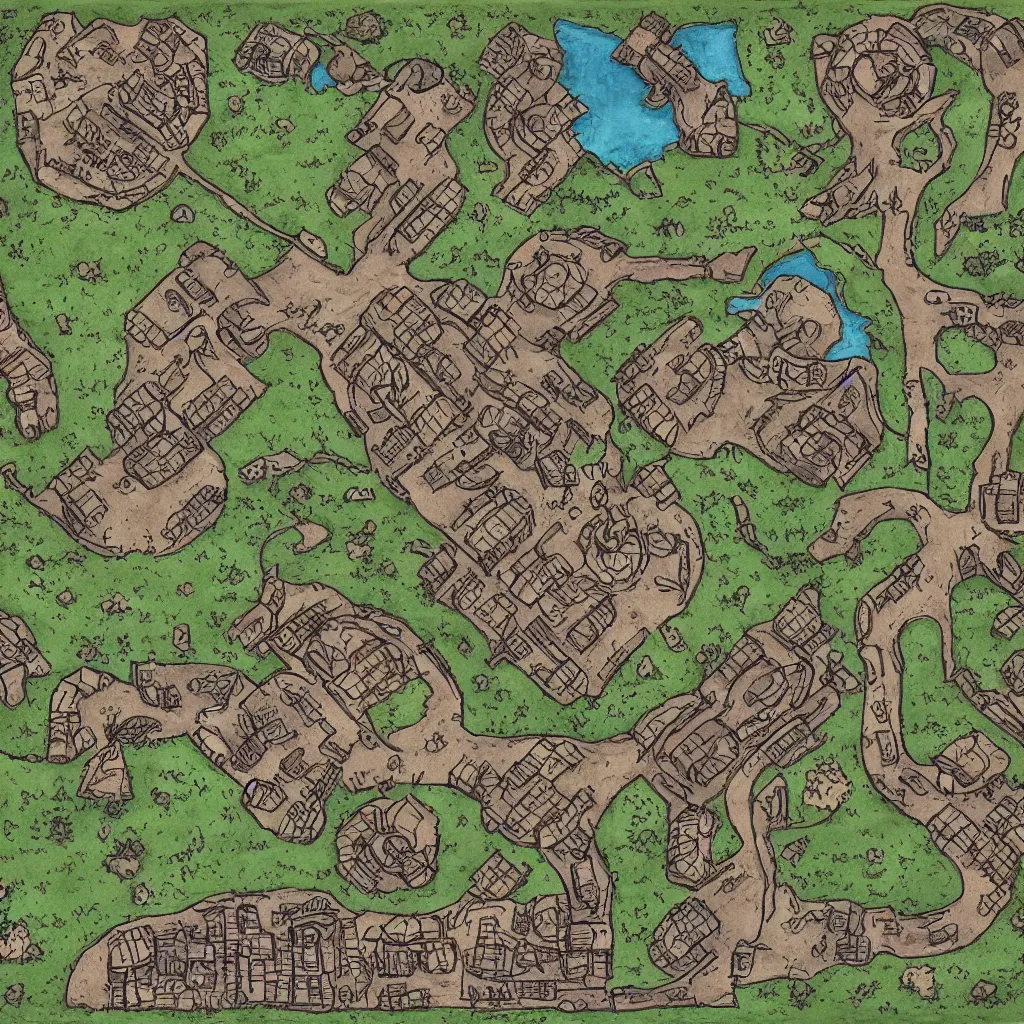 Image similar to bandit camp layout, art by allixander maps, acrylic drawing, fantasy, world, bright, clear, simple, sharpened