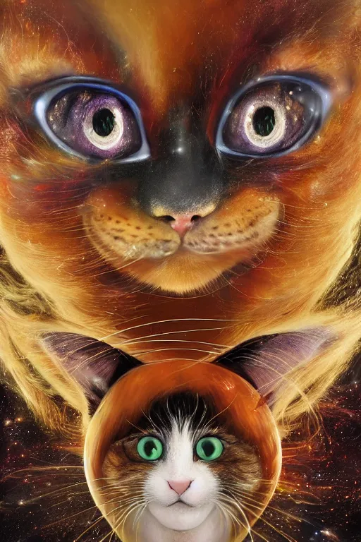 Prompt: Recursive image with a well rounded Calico feline, large eyes, shiny soft fur, anatomically correct, surrounded by mirroring swirling wisps of jelly, oil pastels and gold, in the style of Katsuhiro Otomo, modeled in Poser, Redshift render, UHD