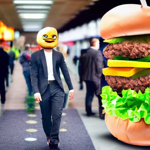 Prompt: MAN DRESSES UP IN A BURGER SUIT ATTENDS FAST FOOD CONVENTION, REALISM, REALISTIC, HDR, CLEAR IMAGE,