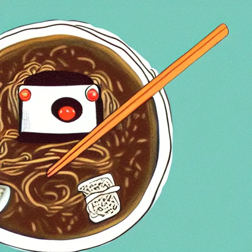 Prompt: wise old fly with a white beard eats ramen with chopsticks