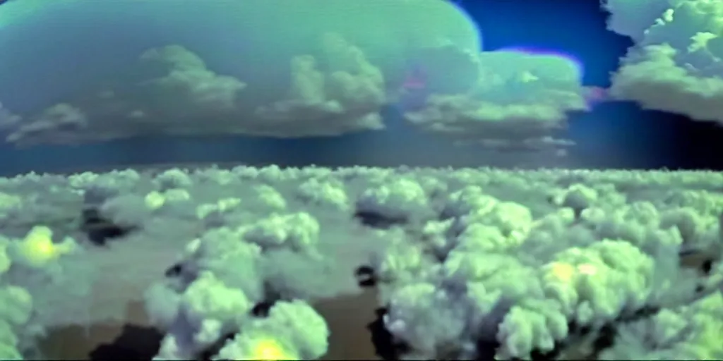 Image similar to combat drone strike war footage, ir, chromatic aberration!!!!!!!!!!!, broken camera colors, iridescent!!!!!!!!! saturated infrared camera, very high contrast, nuclear cloud, high angle vertical, inversed color, clouds, jpeg compression