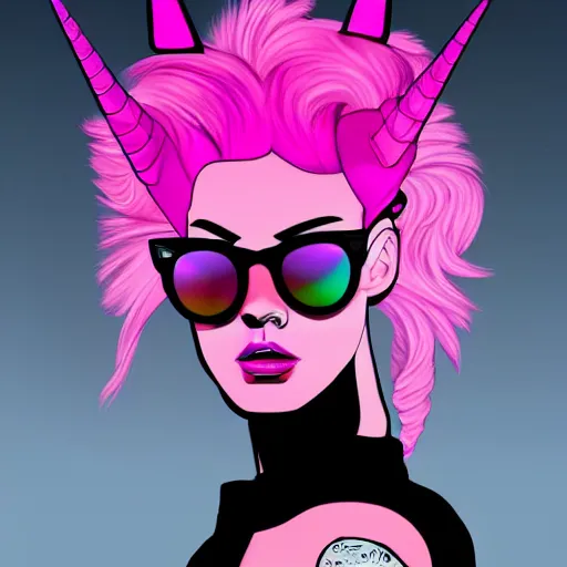 Prompt: A pink unicorn with a mohawk and sunglasses, synthwave style, fantasy, portrait, trending on artstation, detailed, award winning