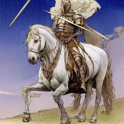 Image similar to a realistic and atmospheric watercolour fantasy concept art of a knight on a white horse, muted colors. by rebecca guay, michael kaluta, charles vess and jean moebius giraud,