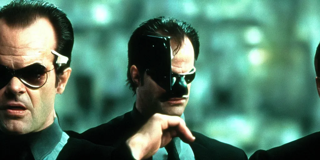 Prompt: Jack Nicholson as Agent Smith on the matrix, 1999, battle scene with neo, cinematic composition, cinemascope,