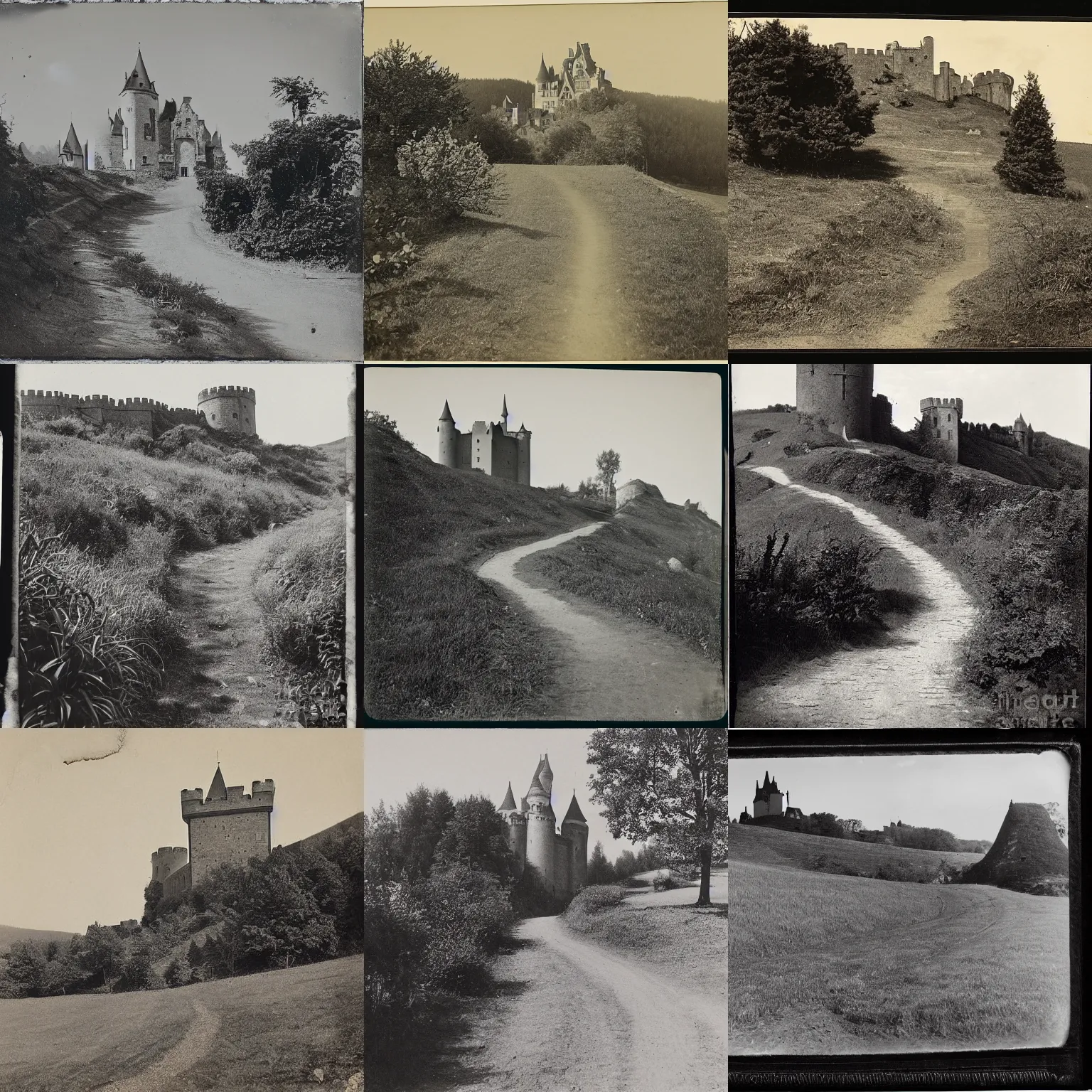 Prompt: 1 9 0 0 s photograph, a hilly landscape with castle and path