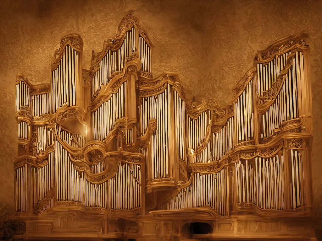 Image similar to hyper realistic photo of a luxury pipe organ volumetric lights