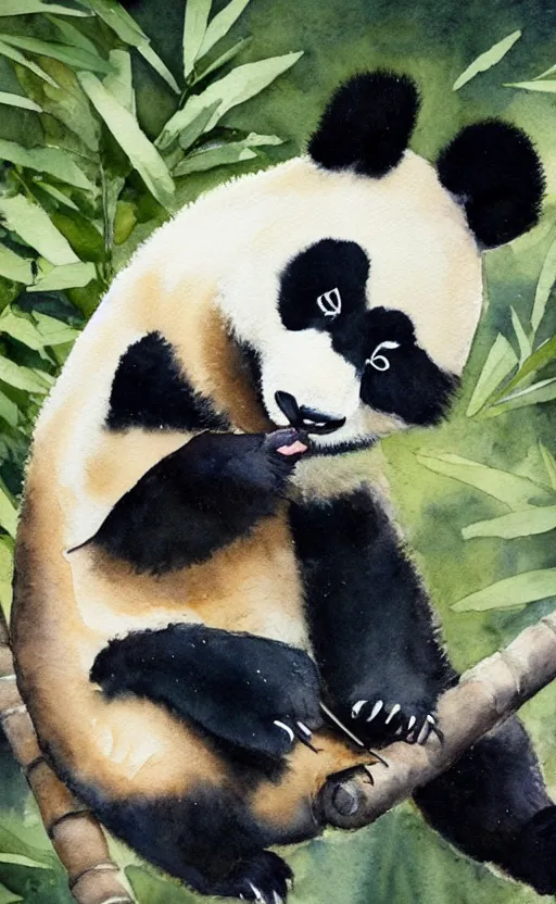 Image similar to a watercolor painting of a panda eating bamboo, dynamic lighting, photorealistic, ambient lighting, atmospherical, stunning visuals, trending on art station