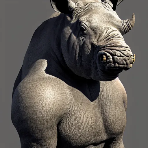 Image similar to A portrait shot of a warrior rhinoceros, highly detailed, photorealism, zbrush sculpt, substance painter, texturing XYZ, Subsurface scattering, cinematic lighting, Unreal engine 5, octane render, cinema4d, vray, redshift, keyshot, Arnold render, marmoset toolbag,