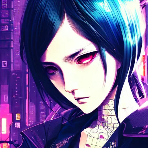 Image similar to by kyoto animation, cool girl wearing cyberpunk intricate streetwear, beautiful, detailed symmetrical close up portrait, intricate complexity, in the style of artgerm and ilya kuvshinov, cell shaded, 4 k, concept art, by wlop, krenz cushart, greg rutkowski, pixiv. cinematic dramatic atmosphere, cinematic lighting, studio quality