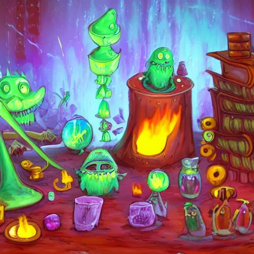 Image similar to these monsters are consumed by fire, yet they remain unharmed. they are surrounded by the tools of the alchemist's trade - beakers and test tubes full of colorful liquids, crystals, and books of ancient knowledge. the scene is suffused with an eerie glow, as if something magical is happening here.